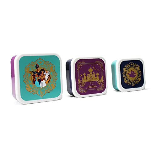 Disney Aladdin - Set di 3 scatole per il pranzo con coperchio, senza BPA, per il pranzo, per la scuola, per lo spuntino, per il pranzo