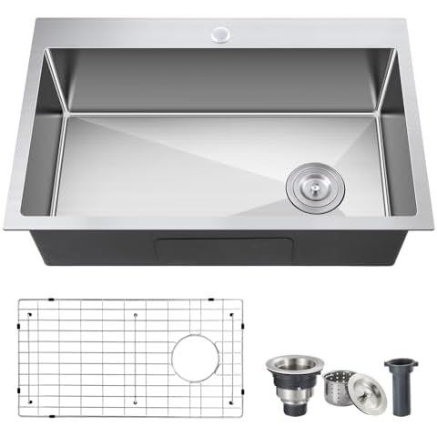 ROVOGO 25x18x9 in. Drop-in Kitchen Sink Single Bowl with Bottom Grid and Drain, 304 Stainless Steel Handmade Modern Sink Top Mount with 1-Hole, Brushed Cover