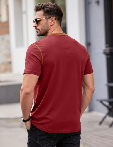 LINENNMAIN Men's Henley Shirt Casual Button Short Sleeve T-Shirt Summer Patchwork Color Block Tee Shirts Burgundy by LINENNMAIN - Used condition - Image 8
