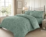 CONCEPT HOME Birdie 100% Cotton Sateen Duvet Cover Set with Pillowcases, Luxury Soft Floral Bedding Set, King Size, Sage Green, Reusable Fabric Bag Packaging
