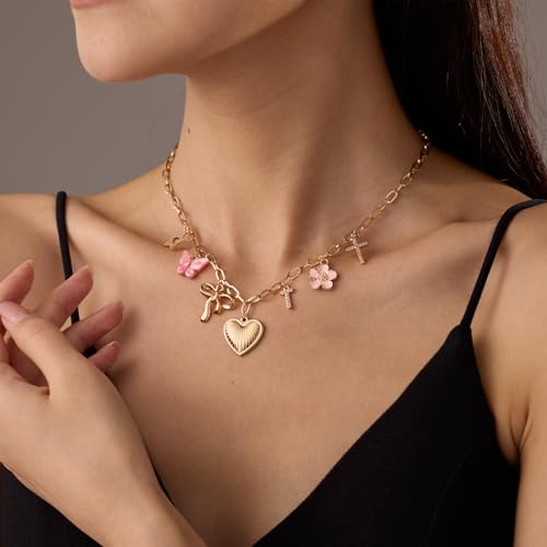 Gold Charm Necklace Initial Necklaces for Women Trendy Stuff Puffy Heart Bow Cross Butterfly Star Flower Charms Necklace Beach Vacation Essentials3