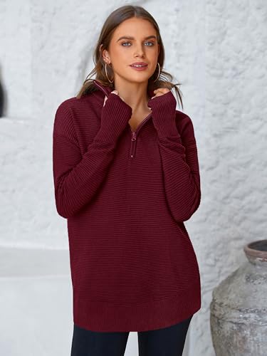 Image of PRETTYGARDEN Womens Long Sleeve Quarter Zip Pullover Sweater | Casual Loose V Neck Sweaters with Thumb Hole, Collared Ribbed Knit Jumper Tops, Oversized Tunic Tops, Fall Outfits 2026
