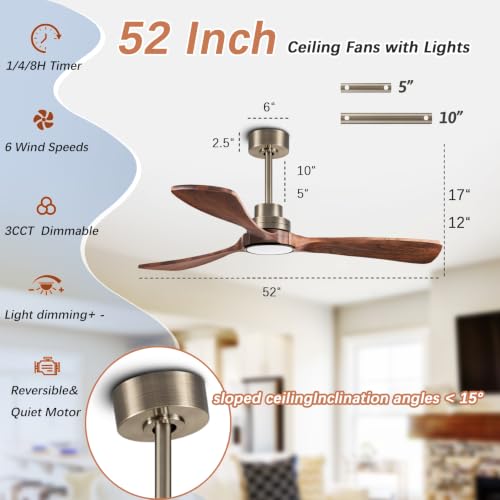 Image of 52inch silent ceiling fan with remote control, in antique bronze and walnut