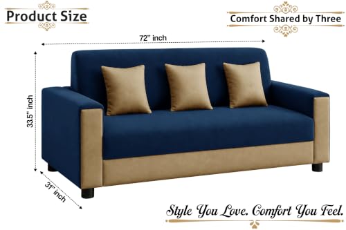 Image of Modern 3 Seater Sofa | Contemporary Upholstered Couch | Premium Cushioned Seating | Stylish Armrest Design | Comfortable Sofa for Living Room, Bedroom & Office - Blue + Beige Color