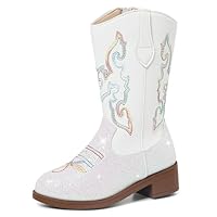 MK MATT KEELY Kids Cowgirl Cowboy Boots Girls Glitter Festival Knee High Boots Mid Calf Western Riding Boots,White,4 UK
