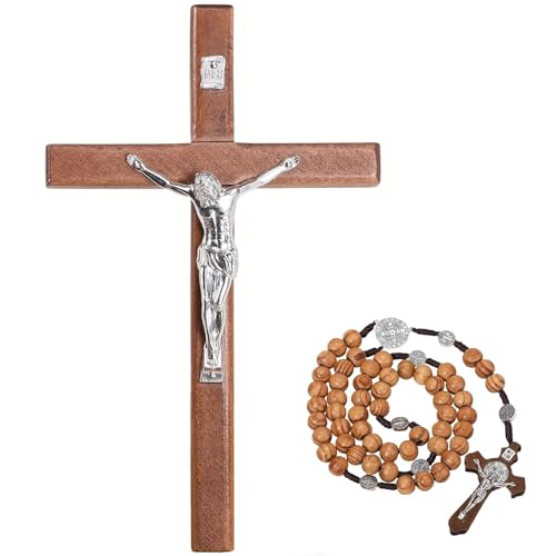 YI Boutique Crucifix Wall Cross, 8 Catholic Crosses, with Wooden Rosary, Wall crucifixes, Wood Crucifix for Wall, Jesus Christian Wall Hanging Cross