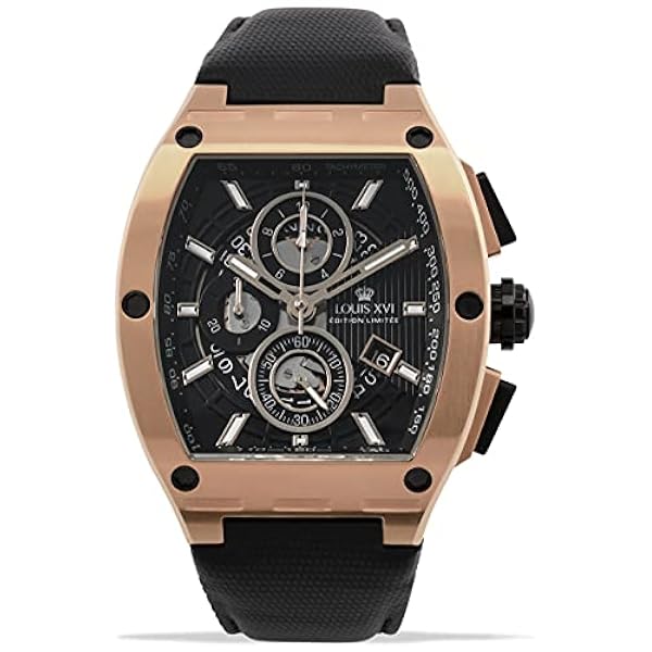 LOUIS XVI Herrarmbandsur Noblesse roséguld svart Tonneau kronograf analog kvarts rostfritt stål 1022, Bälte