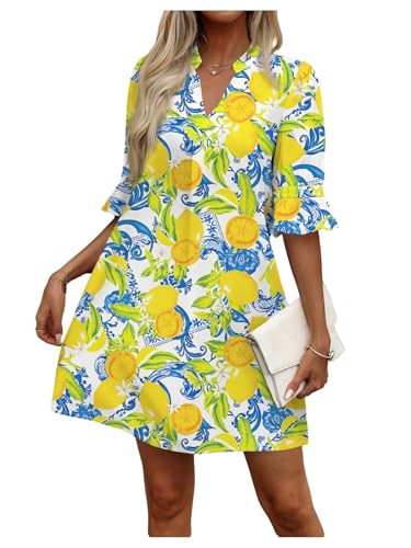 Floerns Women's Floral Tunic Dress 3/4 Ruffle Sleeve Notched Neck Vacation Smocked Boho Dresses White Multi Large