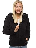 OZONEE Damen Plüschjacke Teddyfleece Plüsch Jacke Fleecejacke Kapuze Pullover Strickfleecejacke Sweatjacke Hoodie Kapuzenpullover Langarm Sport Strickfleece Teddy Fleece 777/8852B/1 SCHWARZ XL