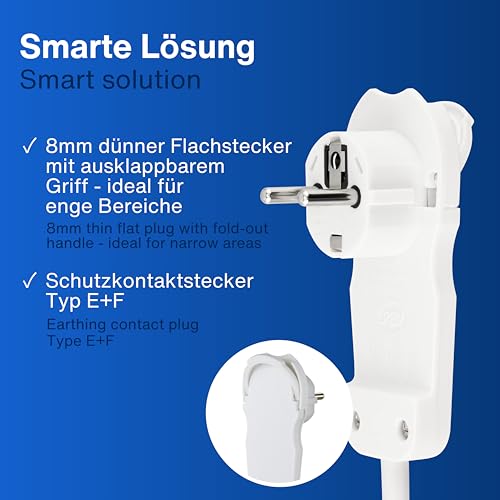 REV Steckdosenleiste SMART - Mehrfachsteckdose 3-Fach mit Flachstecker - ideal für die Verwendung hinter Möbel, Kabel 2m, max. 3680W, weiß