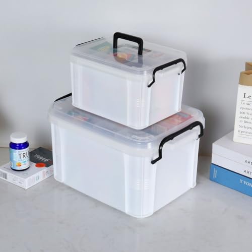 Image of HEY FOLY Set of 2 White Medicine Organizer Storage Box with Tray, 15qt+5qt Plastic First Aid Box Empty, Thickened Medicine Container Chest, Multipurpose Medical Case with Labels, White Medicine Caddy