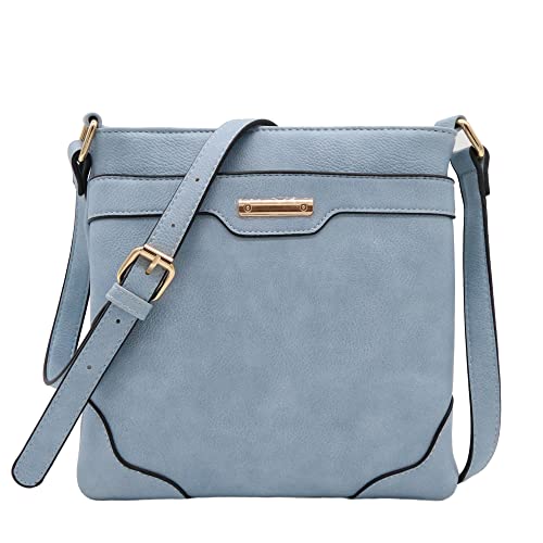 Women's Medium Size Solid Modern Classic Crossbody Bag with Gold Plate (Dusty Blue)