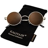 KALIYADI Premium Runde Sonnenbrille für Frauen Männer stilvolle polarisierte Kreis Sonnenbrille Retro Brille zum Autofahren mit UV 400 Schutz (Golden / Braun )