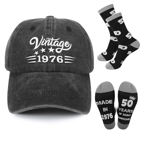 ViEinkaufen 50th Birthday Gifts for Men Women Birthday Baseball Cap for Him 1976 Year Hat Mens Socks Present Leaving Thank You Gifts for Husband Dad Brother Friends Teachers