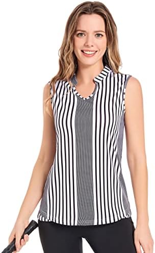 IGEEKWELL Women's Sleeveless Golf Shirts Striped V-Neck Tennis Polo Collarless Athletic T-Shirts Tank Tops Lightweight