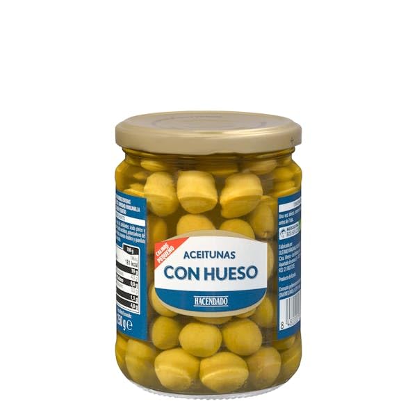 Hacendado Olives Vertes Entières Manzanilla avec Noyaux, 430g PACK6, Conserve de Qualité Supérieure, Origine Espagne, Petit Calibre