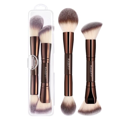 MAGEFY Double Ended Makeup Brush 2Pcs Foundation Makeup Brushes for Concealing Blending Setting Buffing with Powder Liquid Cream Cosmetic Pro Foundation Brush for Liquid Makeup (Coffee Brown 02)