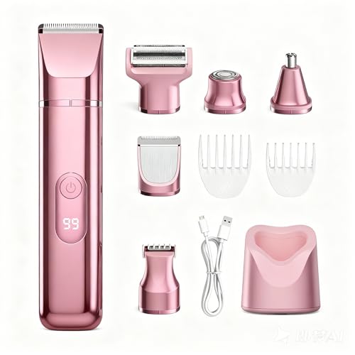 ZLILUGL 5-in-1 Electric Bikini Trimmer for Women – IPX7, Painless Electric Razor & Shaver with Dual Blades, Women Pubic Facial Nose Body Leg Hair Removal, USB Recharge Dock, Waterproof Hygiene Razor