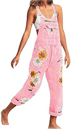 MorbuyWomen's Casual Dungarees Denim Suspender Jumpsuits, Vintage Flowers Printed Loose Fit Straight Leg Playsuit Romper Pockets Overalls S-5XL Plus Size Trousers (M,Pink)