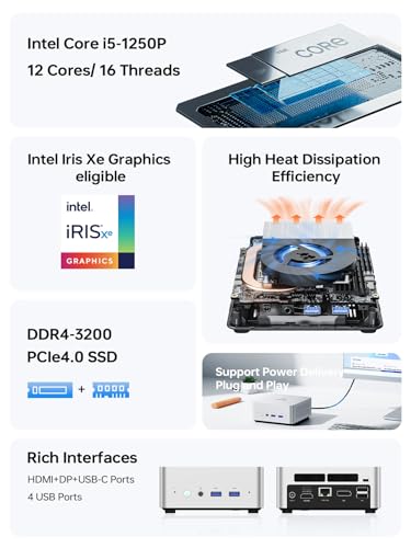 Image of MINISFORUM Venus Series UN1250 Mini PC Core i5-1250P(12C /16T, up to 4.4GHz) 32GB RAM 512G SSD, HDMI /DP /USB-C 4K@60Hz Triple Outputs, 2.5G LAN, WiFi6E, 4X USB Port Desktop Computer