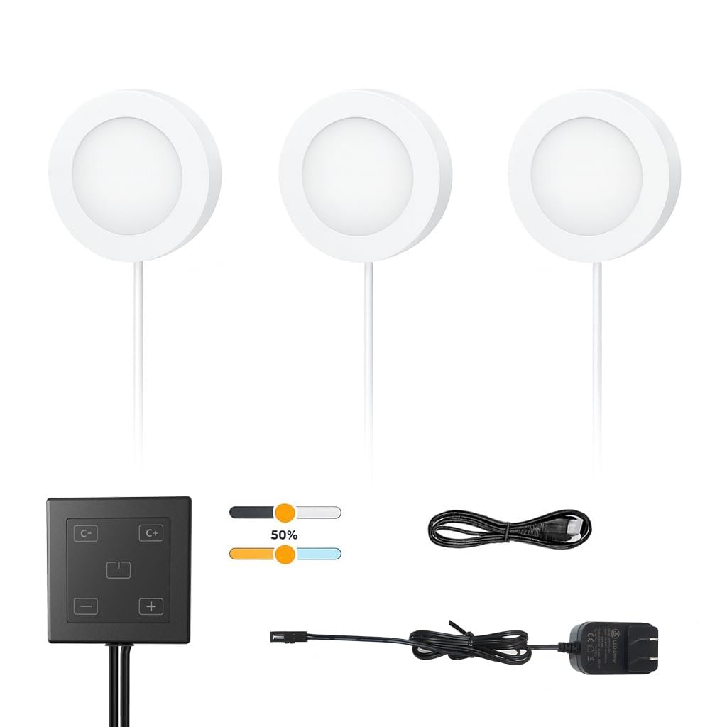 VST Under Cabinet Lights CCT 3000K-6000K, Puck Lights Color Temperature and Brightness Adjustable with Touch Switch and ETL Listed Led Driver, Plug in Led Light for Kitchen Under Cabinet 3pack