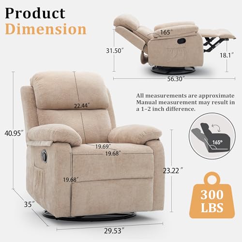 Image of Korser Recliner Chair, 360 Swivel Rocker Chair for Adults, Small Rocking Recliner Chair for Small Spaces, Upholstered Chenille Fabric Glider Recliner Nursery Chair with Side Pockets for Living Room