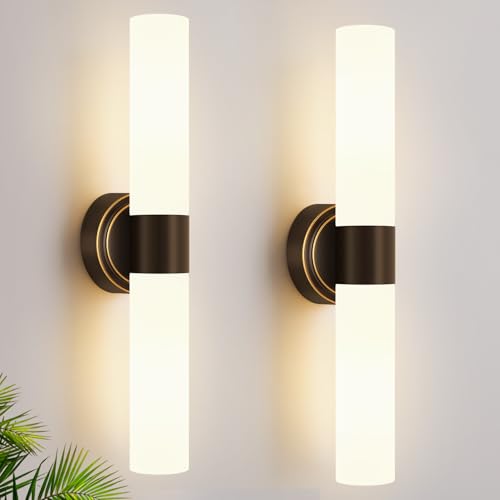 Image of Wall Sconces Set of Two, Modern Bathroom Sconces Wall Lighting with Milky White Glass, Brown Sconces Wall Decor Set of 2 for Bathroom Mirror Bedroom Living Room Hallway