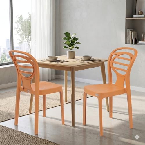 Image of Oaknest Supreme Oak Armless Plastic Dining Chair | Compact & Ergonomic Design for Home, Living Room, Balcony & Outdoor Seating | Color : Amber Gold, Set of 2