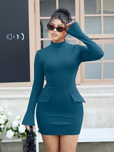 Image of YMDUCH Women's Long Sleeve Mock Neck Bodycon Mini Party Dress