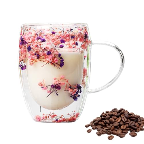 Tasse en Verre À Double Paroi avec Fleurs Sèches - Tasse À Café De 350 ML avec Fleurs Sèches | | Tasse À Café en Verre À Double Paroi avec Poignée pour Boissons Chaudes,Cuisine,Cappuccino,Joli Cadeau