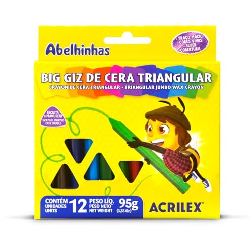 Giz de Cera Jumbo, Triangular, Estojo de 08 Cores, Acrilex