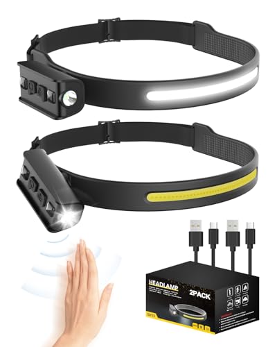 LED Head Torch Rechargeable, 1200LM 90°Adjustable Spotlight & 230°COB Super Bright Headlamp, 5 Modes with Motion Sensor, IPX5 Waterproof, 12 Hours Runtime, Lightweight Headlamp for Camping(2 Pack)