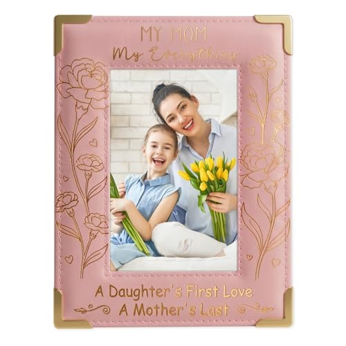 Image of FLYAB First Mothers Day Picture Frame 4x6 Mothers Day Gifts for Mom Grandma from Son Daughter Pink Mom Picture Frame for Tabletop Decorations Wood Leather Frame