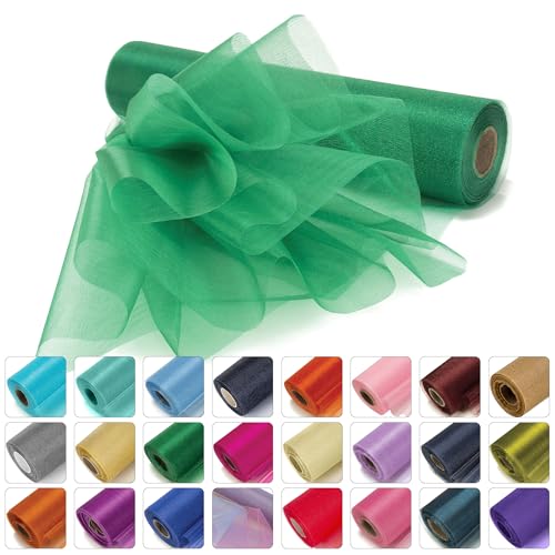 WedDecor 25m x 29cm Snow Sheer Organza Rolls Glitter Fabric for Table Runner Sashes Wedding Decoration, Chair Cover Bows, Table Back Drop, Ribbon Crafting Supplies, Hunter Green