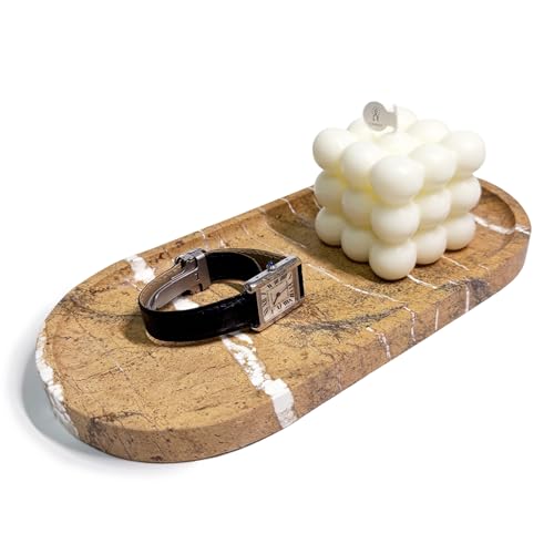JINGJU Brown Marble Tray 10'x5', Coffee Tone Natural Stone Vanity Organizer for Jewelry, Perfume & Keys, Minimalist Decor