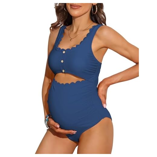 Charmo Maternity One Piece Swimsuit Scalloped Cut Out Ruched High Waisted Scoop Neck Pregnancy Bathing Suit, Blue, Large