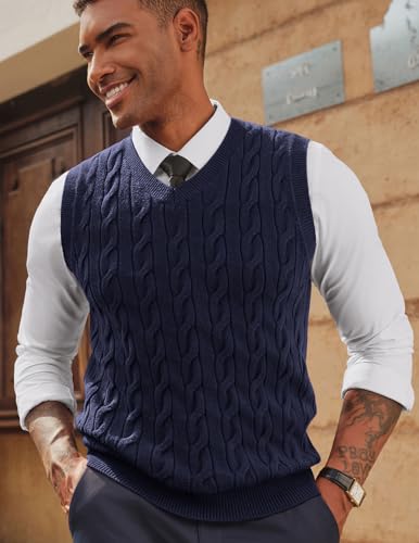 PJ PAUL JONES Men's Sweater Vests V Neck Cable Twist Knit Sleeveless Vests Casual Pullover Sweater4