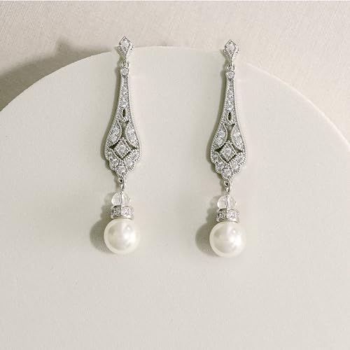 Frankie Fashions Vintage Pearl Dangle Earrings Pearl Wedding Earrings for Brides Bridesmaids Mother of the Bride w/Stunning Pearls and Cubic Zirconia2