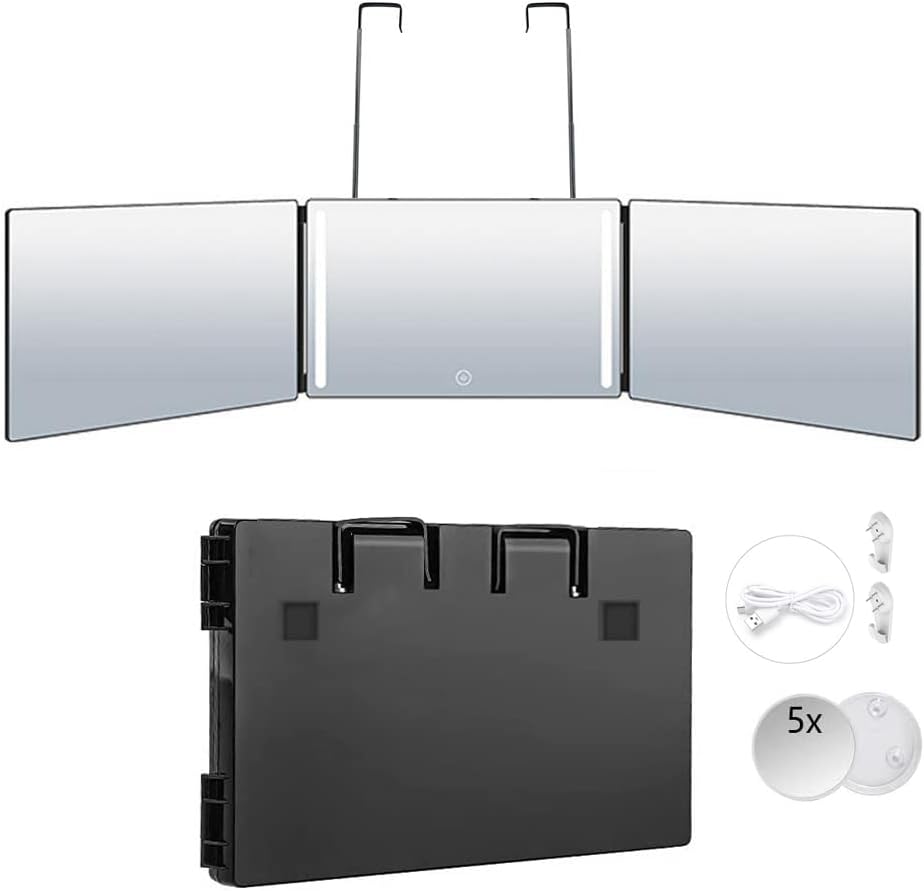 360 Hanging Mirror, Travel Barber Mirror with LED Lights, 3-Way Rotatable, Wall-Mounted, Black, 36.6 x 7.6 x 1.1 Inches (Expanded), 12.5 x 7.6 x 1.1 Inches (Folded)