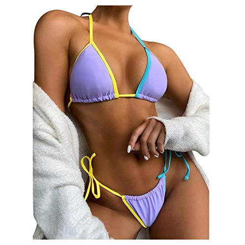 YCBMINGCAN Bandeau Bikini Set Mujer Sexy Push Up Bikini Alto Corte Alto Bikini Moda Playa Elegante, Dos Piezas Cruzadas Triangel Parte Superior Traje de Baño sin Hombros, morado, L