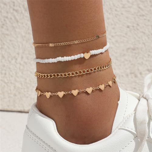 Fesciory Women Heart Anklet Adjustable Beach Layered Ankle Bracelets for Women Gold Plated Alloy Foot Chain Jewelry (Heart 4PCS) - Thumbnail 4