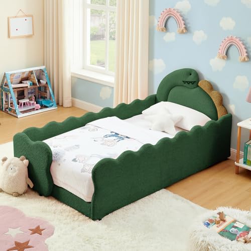 Image of Twin Size Kids Floor Bed Frame, Upholstered Montessori Platform Bed Cute Dinosaur-Shaped Daybed Frame for Girls Boys, No Box Spring Required, Green