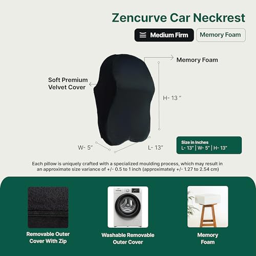 Image of The White Willow Car Neck Rest Pillows Memory Foam Car Neck Pillow with Adjustable Strap Neck Support for Car Seat Neck Cushion for Neck Pain Relief Headrest Pillow Black ZenCurve Pack of 1
