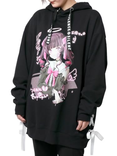 [バイクスター] パーカー メンズ レディース サブカル系 ロゴ プリント サイド リボン プルオーバー ブラック L