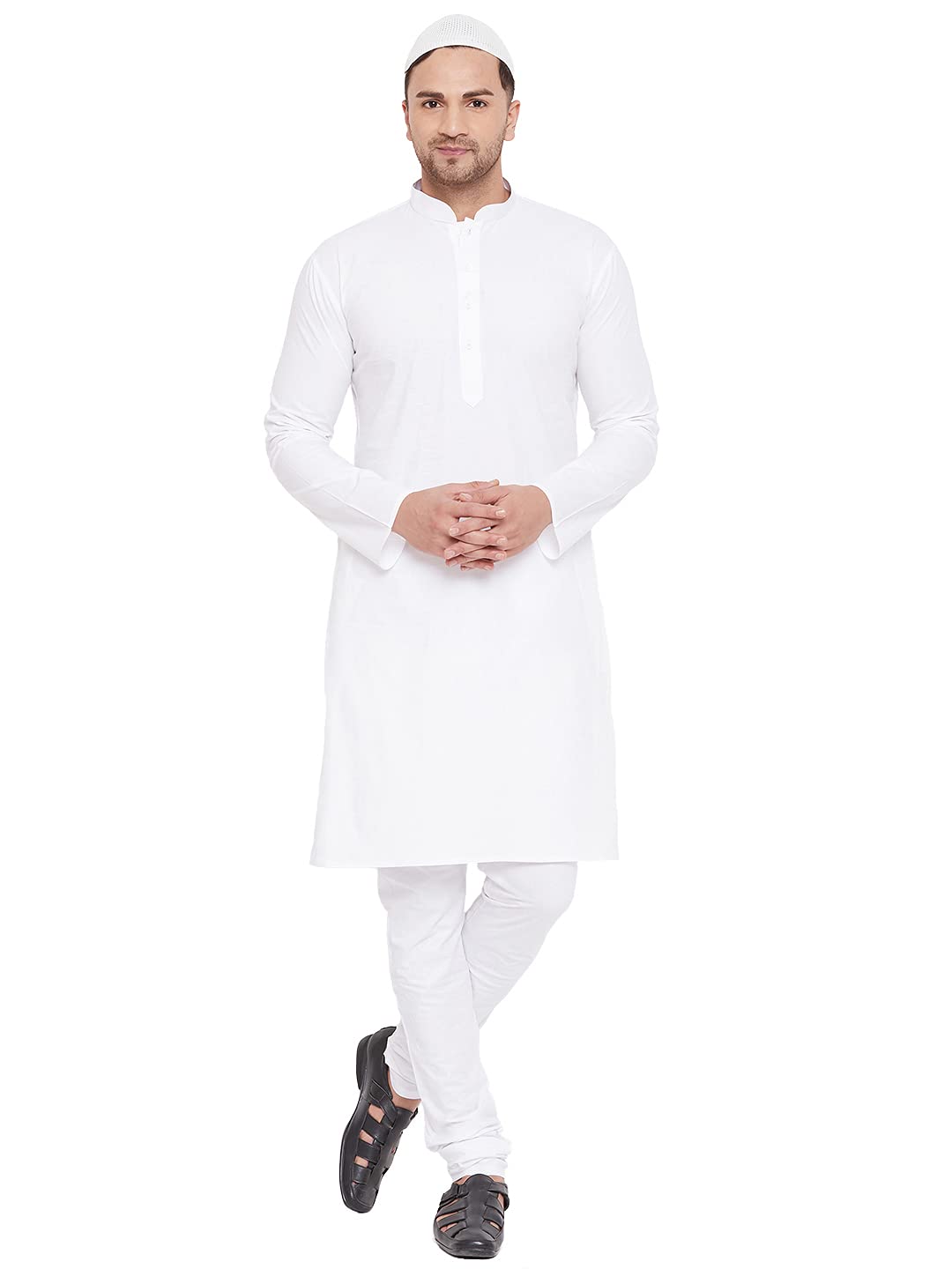 vastramay Men's White Cotton Blend Kurta Pyjama Set (VASMKWH000nPCWHnC_38)-picture-22