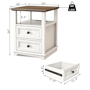 24” Tall Nightstand with Charging Station, 18” Bedside Table with Drawers,Rustic Wooden Storage Cabinet with Open Shelf for Bedroom,White 24 Tall Nightstand with Charging Station 18 Bedside Table with DrawersRustic Wooden Storage Cabinet with Open Shelf for BedroomWhite