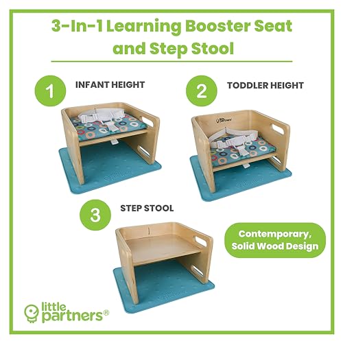 Image of Little Partners 3-in-1 Wooden Learning Booster Seat for Toddlers - Converts to Step Stool for Kids - Seat Cushion, Silicone Mat, and Booster Chair with Safety Straps - Feeding Chair (Natural)