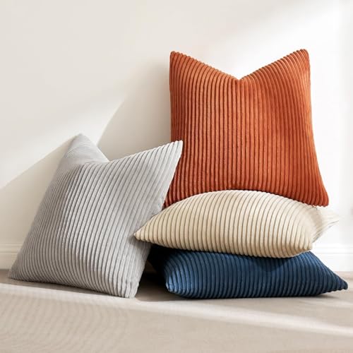 Image of MIULEE Boho Farmhouse Throw Pillow Covers 20x20 Inch Set of 4 Summer Mordern Neutral Cushion Covers Soft Corduroy Nordic Home Decor for Couch Bed Sofa Living Room Blue-Yellow