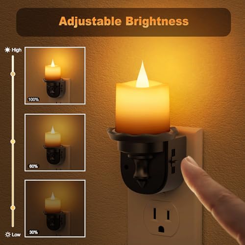Image of JandCase Night Lights Plug into Wall, 2 Pack Flameless Flickering Electric Fake Candle Night Light with Dusk to Dawn Sensor, 3000K Soft White, 0-100LM Dimmable Nightlight for Bathroom Bedroom Hallway
