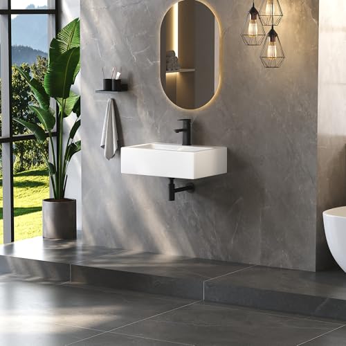 Eridanus Wandwaschbecken mit Überlauf, rechteckiges Waschbecken aus Glasporzellan in Weiß Glanz, kompaktes Keramikwaschbecken für Garderobe, Waschtisch, 430 x 310 x 130 mm